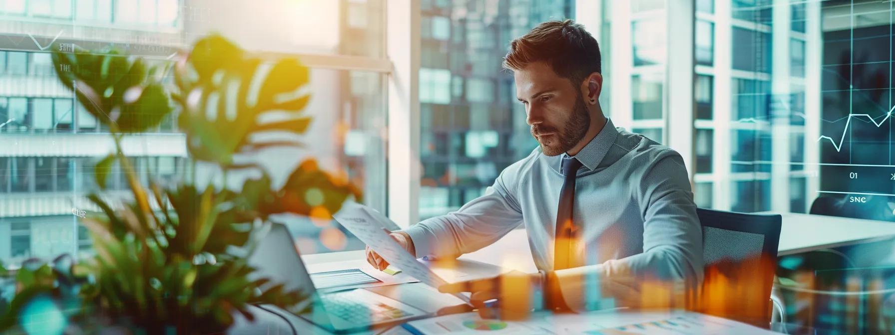 a sleek, modern office environment features a focused professional examining financial documents related to property transactions, with a clear graph illustrating the impact of conveyancing fees on capital gains tax prominently displayed on a digital screen in the background.
