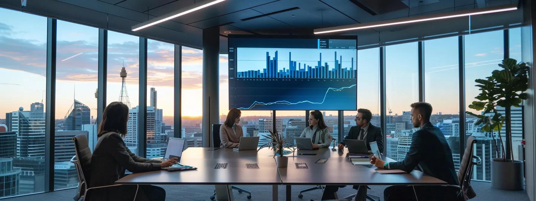 Modern office meeting with diverse professionals discussing market analysis, large screen displaying data trends, city skyline at sunset.