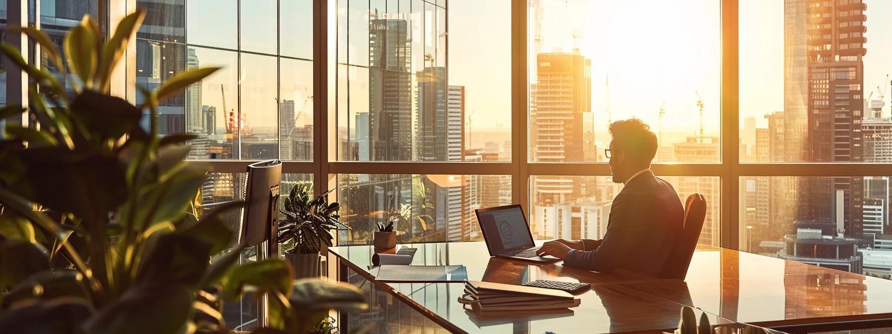 Sleek modern office interior with a professional looking out over the Sydney skyline at sunset, emphasizing the strategic role of buyer's agents in property purchases.