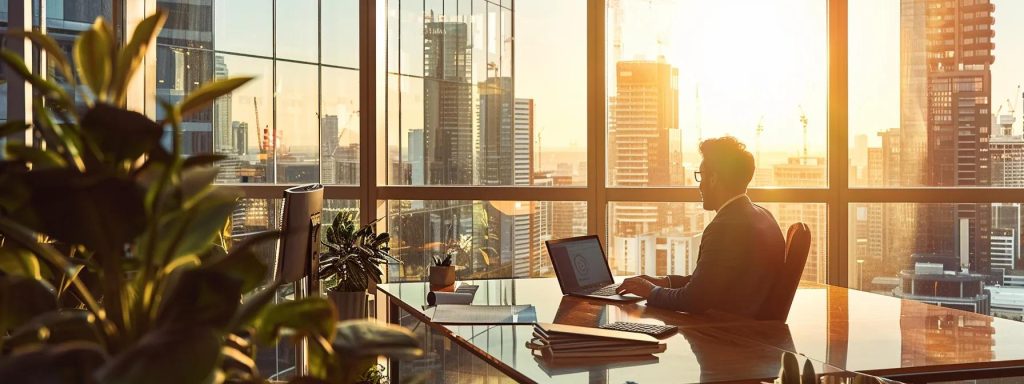 Sleek modern office interior with a man working on a laptop, city skyline visible through large windows, symbolizing property investment opportunities.