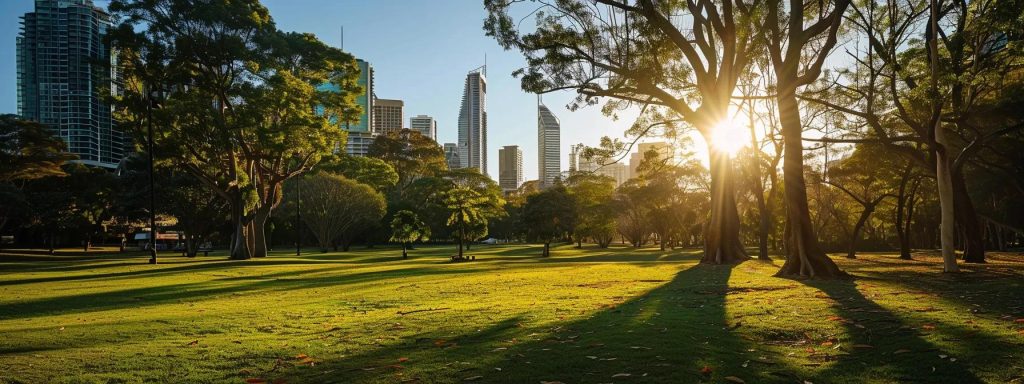 Urban park landscape with tall trees and sunlight filtering through, showcasing city skyline in the background, relevant to property market insights in Queensland.