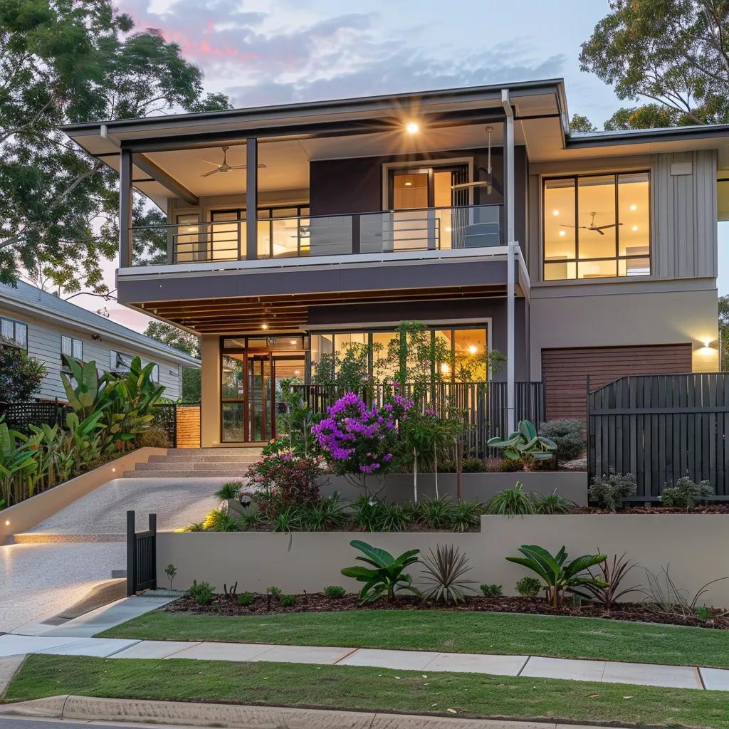 Modern two-storey house with landscaped garden and illuminated pathway, showcasing contemporary design and outdoor living spaces, relevant to Brisbane's property investment market.