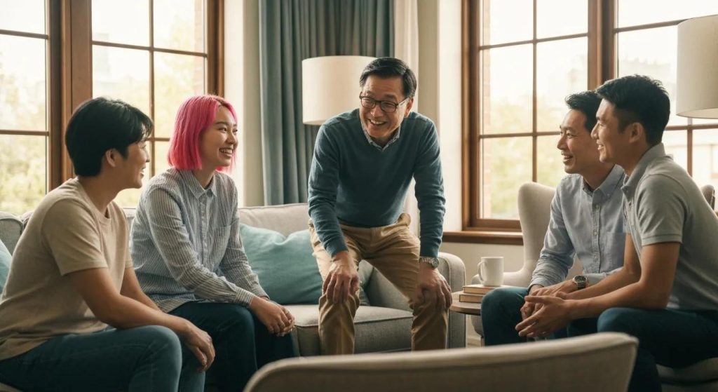 Group discussing property buying in a modern living room, emphasizing collaboration and trust