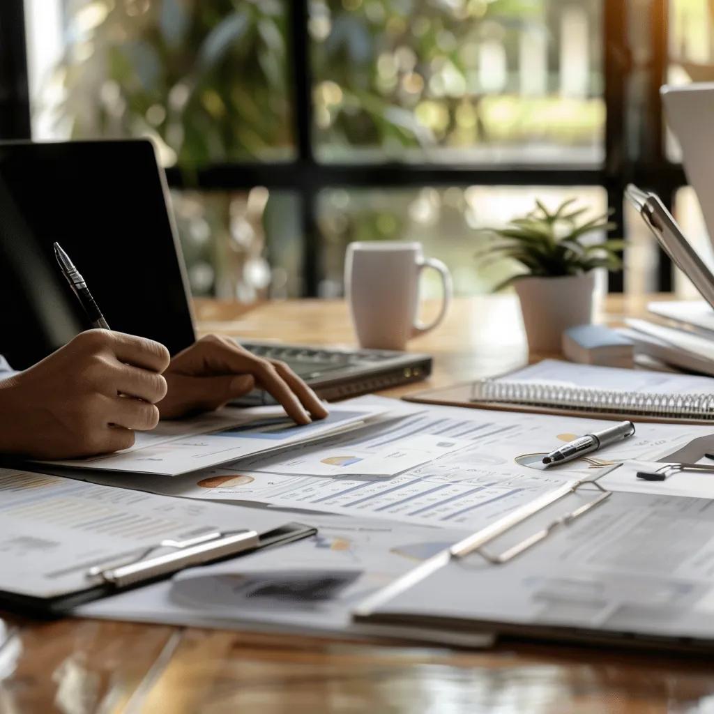 Buyers agent reviewing property documents and reports in a professional workspace, highlighting the due diligence process