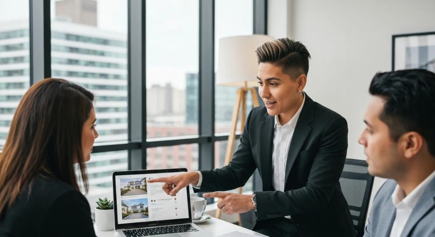 A specialist buyers agent expertly guiding clients through curated property options within a professional, contemporary setting.