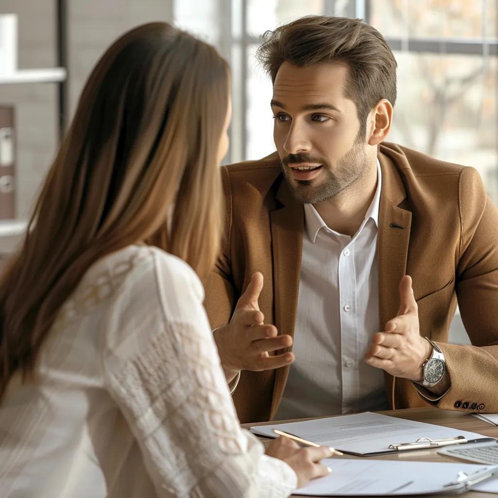 Real estate agent discussing potential conflicts of interest with a concerned client in an office