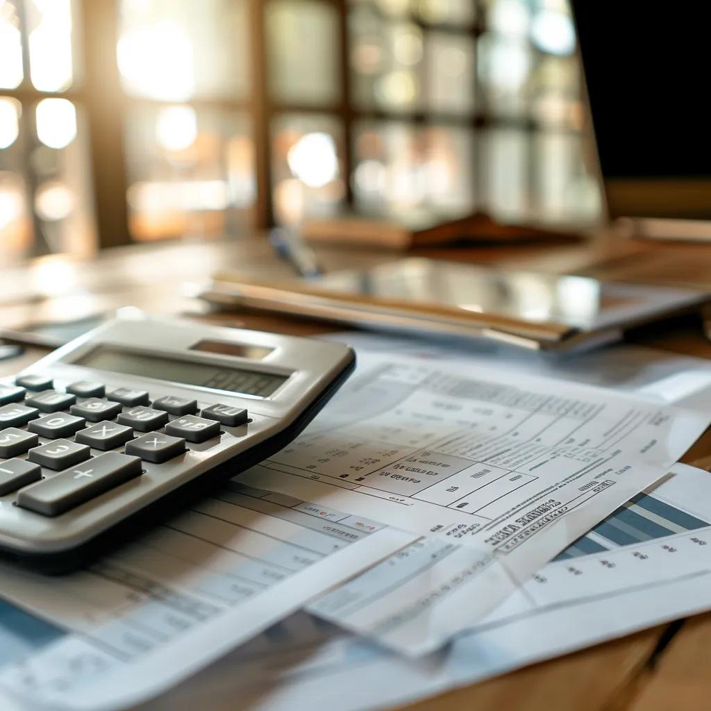 Calculator and financial documents on a desk representing buyer's agent fees and budgeting