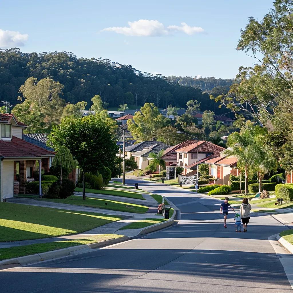 Residential street in Brisbane with houses, greenery, and two people walking, illustrating suburban lifestyle and community appeal.