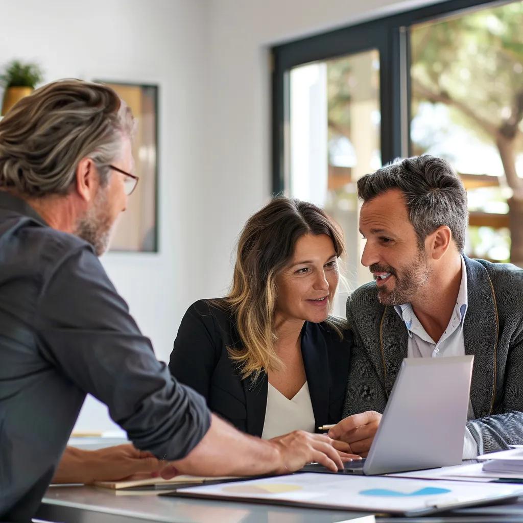 Buyer’s agent assisting clients with property options in a modern office