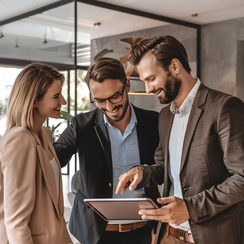 Professionals discussing property investment strategies in Sydney, reviewing data on a tablet, showcasing collaboration and confidence in the real estate market.