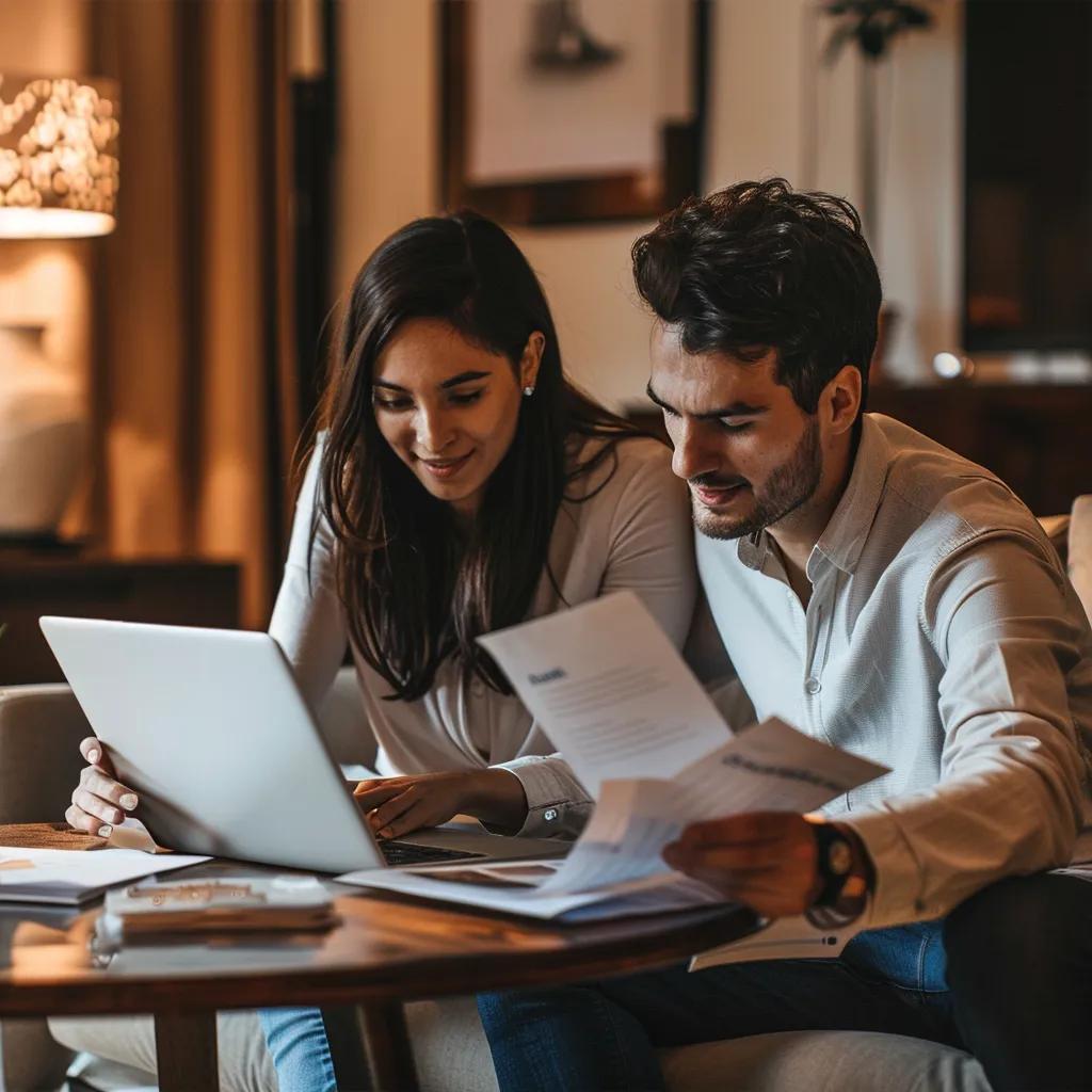 Couple reviewing property investment documents and using laptop in a cozy interior setting, reflecting Sydney's property market insights and investment strategies.