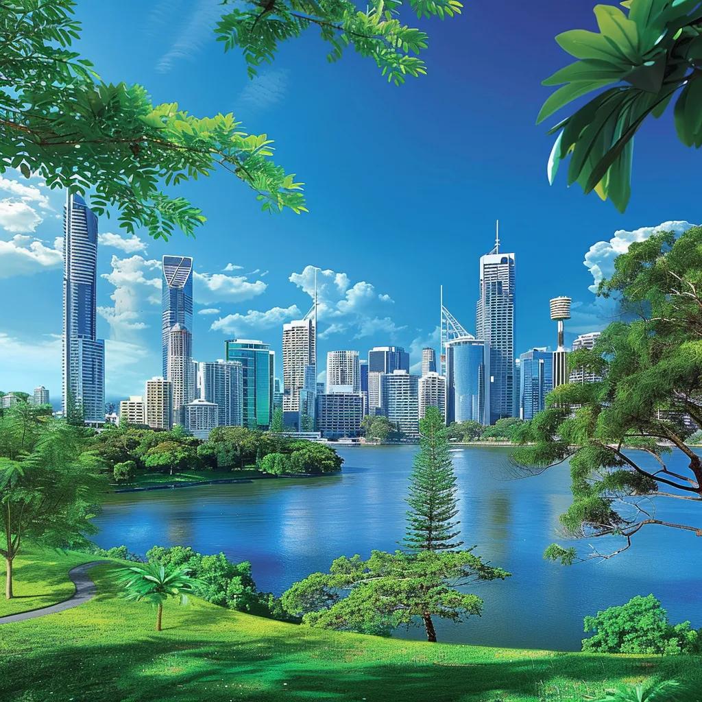 Brisbane skyline with modern skyscrapers, lush green parkland, and a tranquil river, representing investment opportunities in the Brisbane property market.
