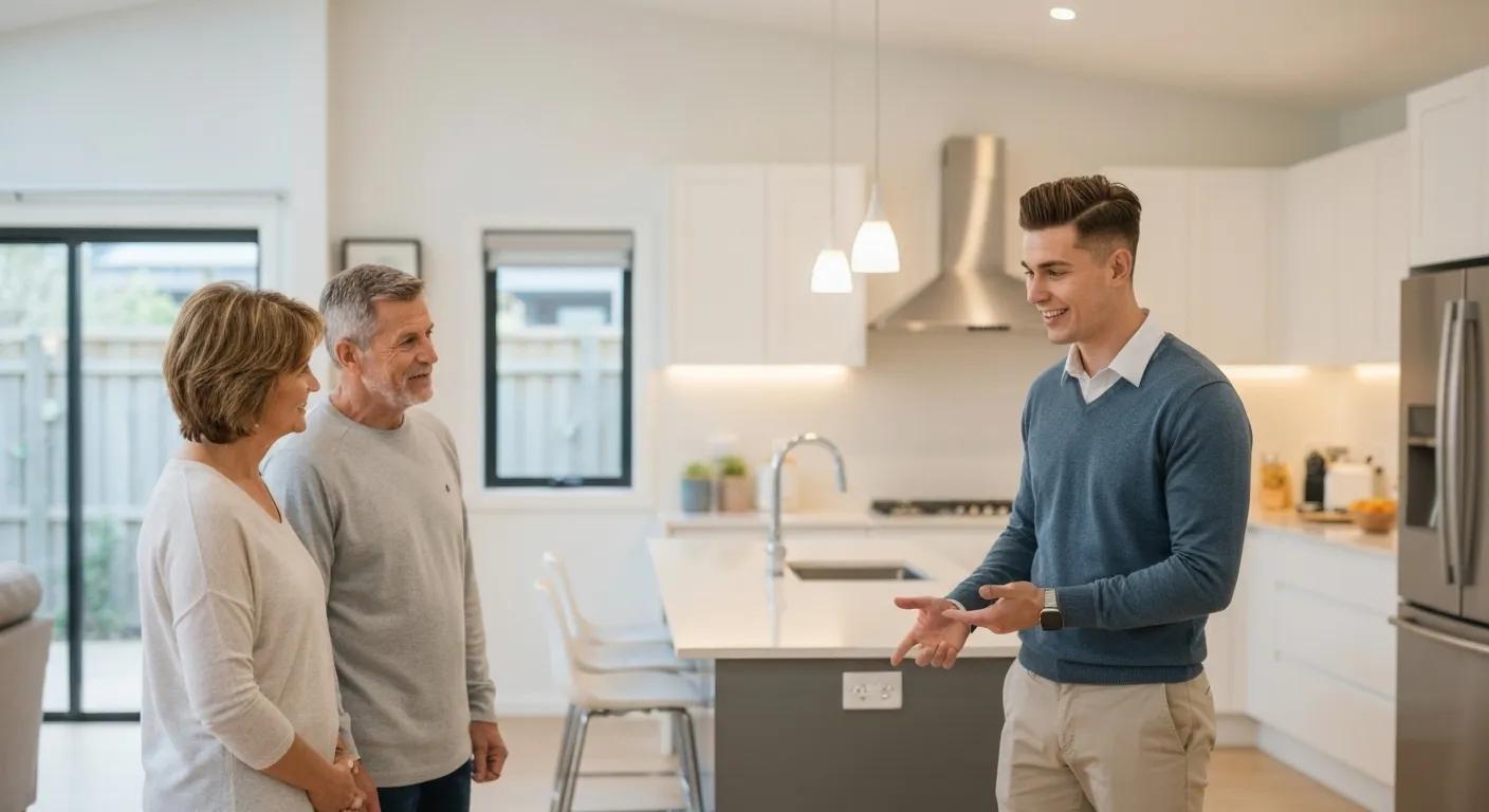 A buyers agent showing a couple through a property with a bright, inviting interior.