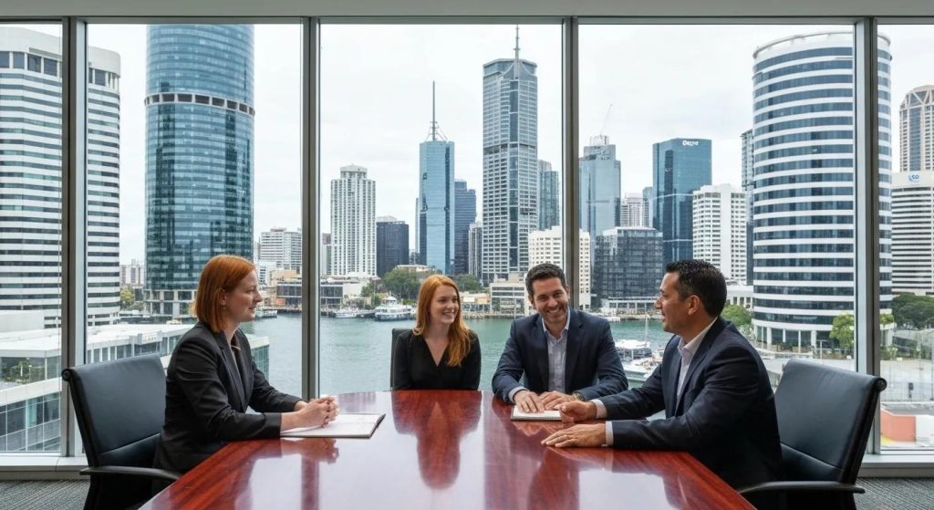 A diverse group of people in Brisbane discussing property options with the city skyline in the background
