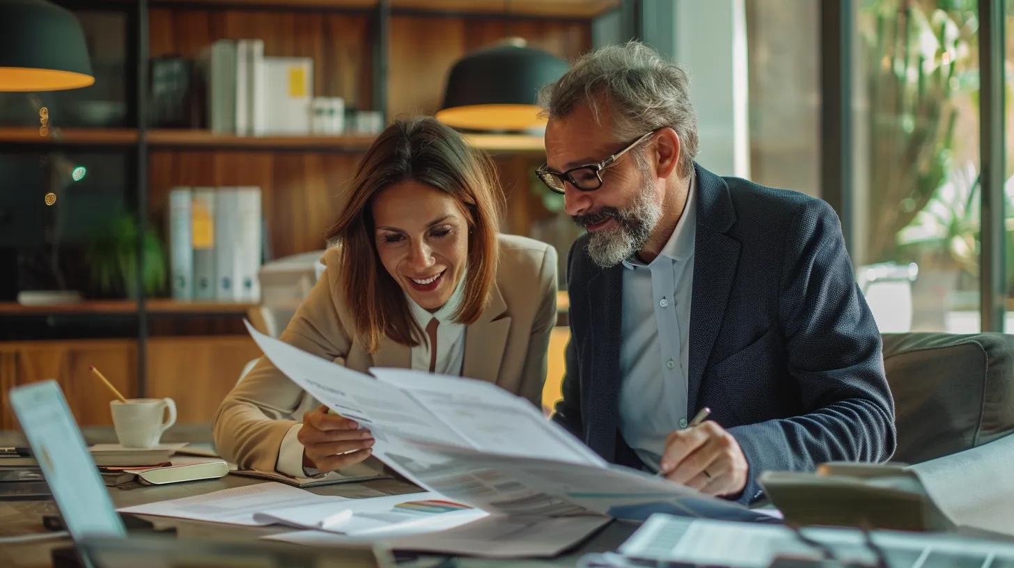 A buyers agent is shown reviewing property listings with a client in a comfortable office environment