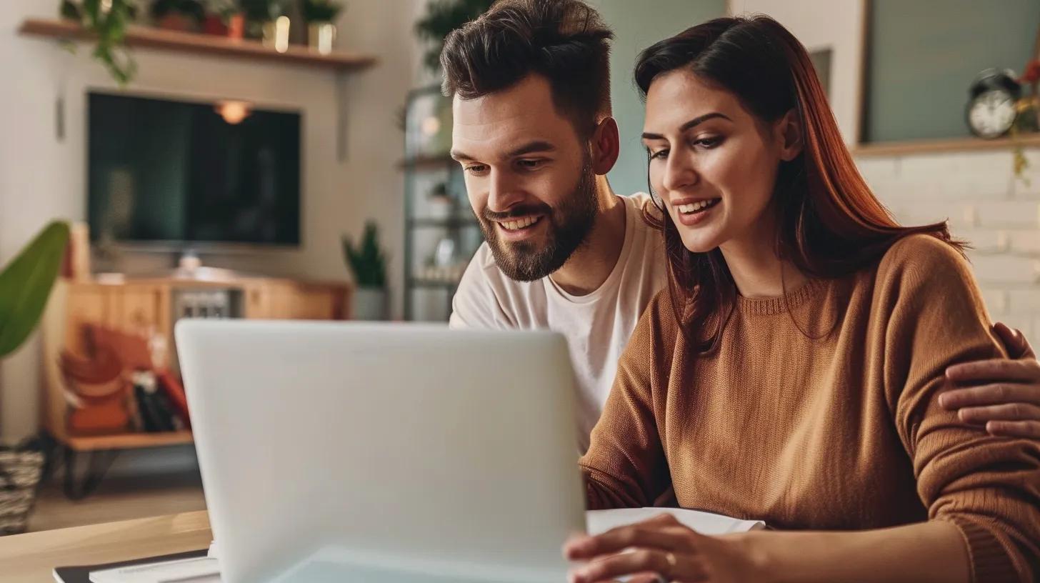 A young couple intently reviewing property listings on a laptop in a comfortable home office environment, illustrating key investment strategies.