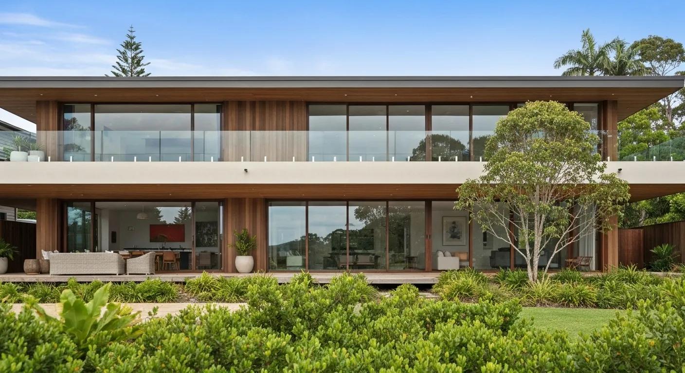 Sleek Byron Bay residence featuring contemporary coastal design and lush, surrounding greenery