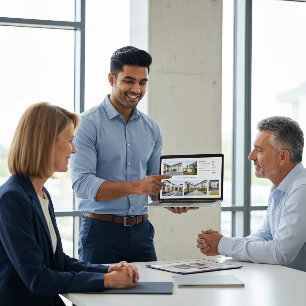 Professional buyers agent diligently assisting clients with property listings in a modern, sophisticated office environment, highlighting expert support and guidance