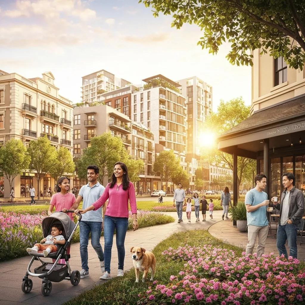 Thriving Gold Coast neighbourhood showcasing new residential developments and happy families, reflecting significant growth in the property market
