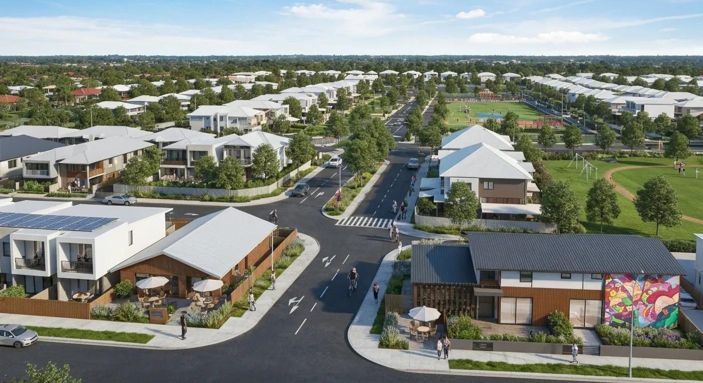 A vibrant Brisbane neighbourhood showcasing modern homes and community amenities, highlighting growth and investment potential.
