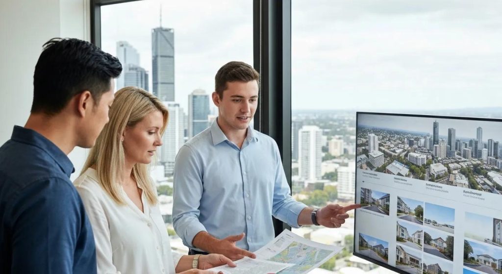 A couple consults with a Brisbane buyers agent, reviewing property options against a city skyline.