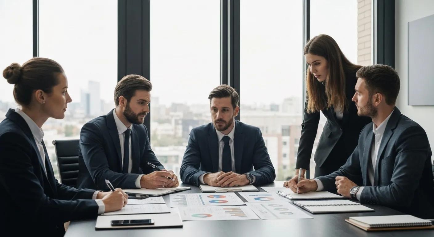 Real estate professionals gathered around a table, analysing property market data.