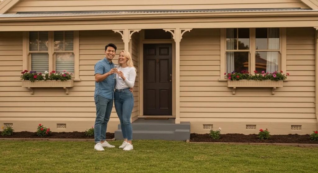 Excited first-time homeowners celebrating outside their new Melbourne property