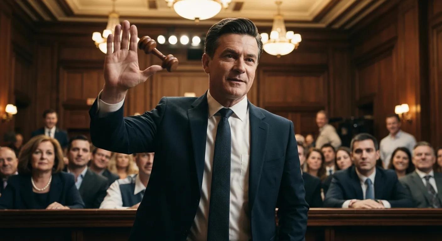 A confident buyer participating in a property auction with the auctioneer visible in the background.