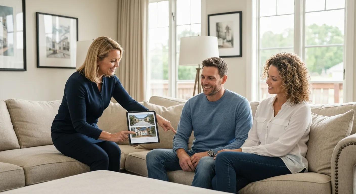 A buyers agent showing property listings to a couple in a comfortable home setting.