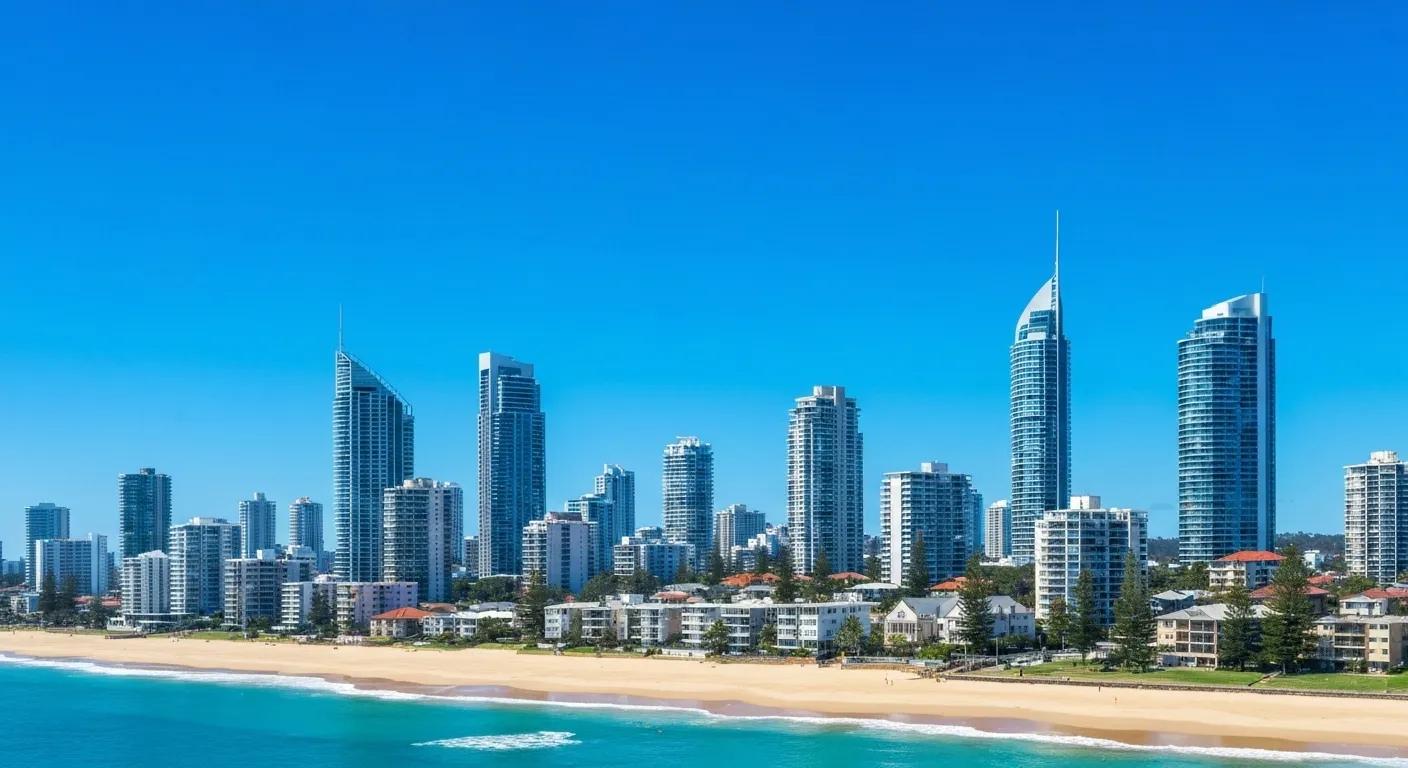 Panoramic view of the Gold Coast skyline showcasing residential properties and beachfront, highlighting investment potential