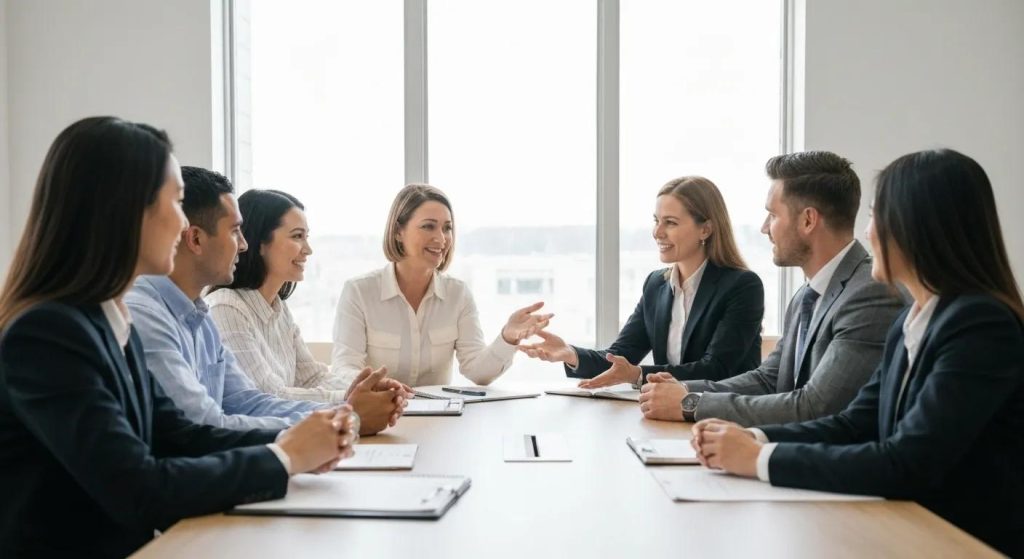 Investors collaborating with a buyers agent, discussing property options in a modern office setting, highlighting trust and partnership