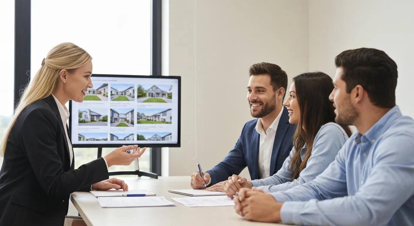 Buyers agent in a professional meeting with a young couple discussing property options