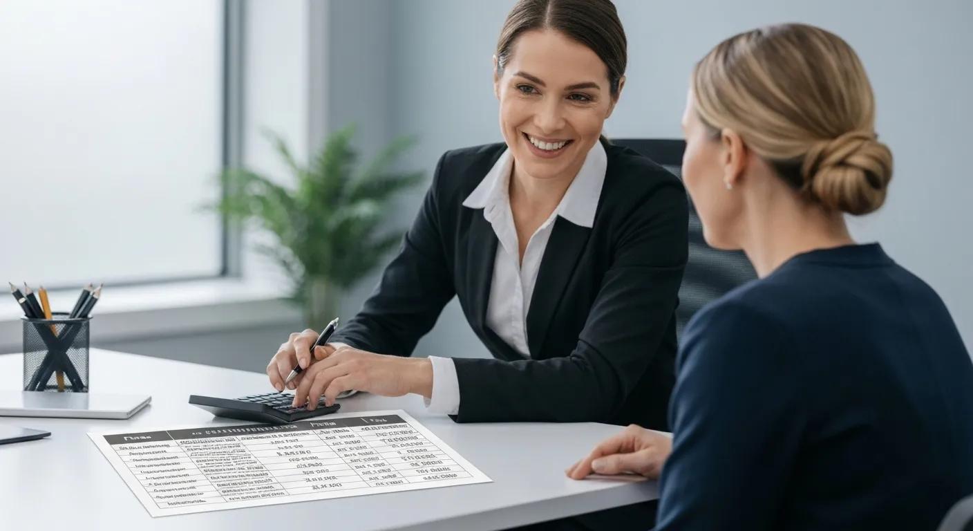 A buyers agent is explaining fee structures to a client, using a calculator and a table