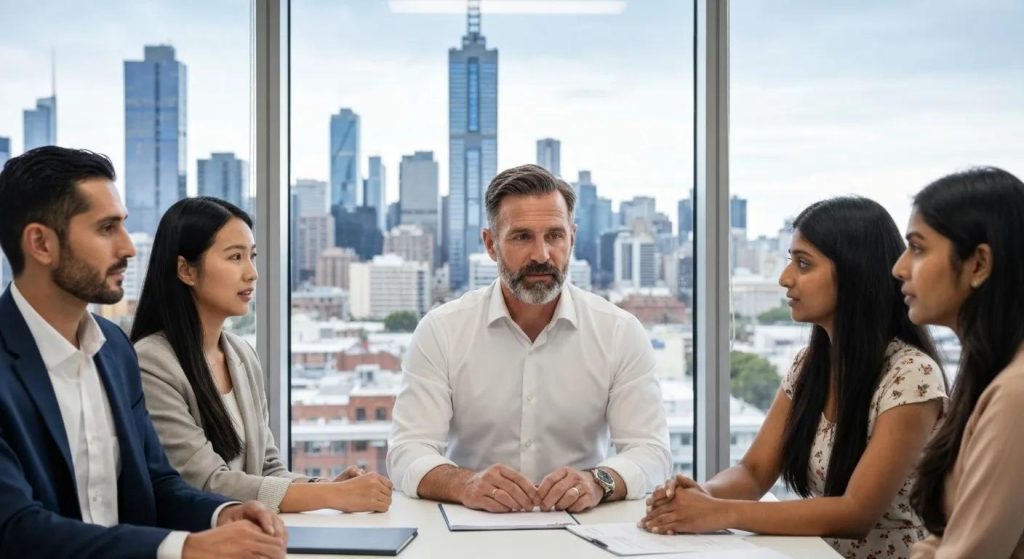 A diverse group of people discussing property options in Melbourne, with the city skyline visible in the background.