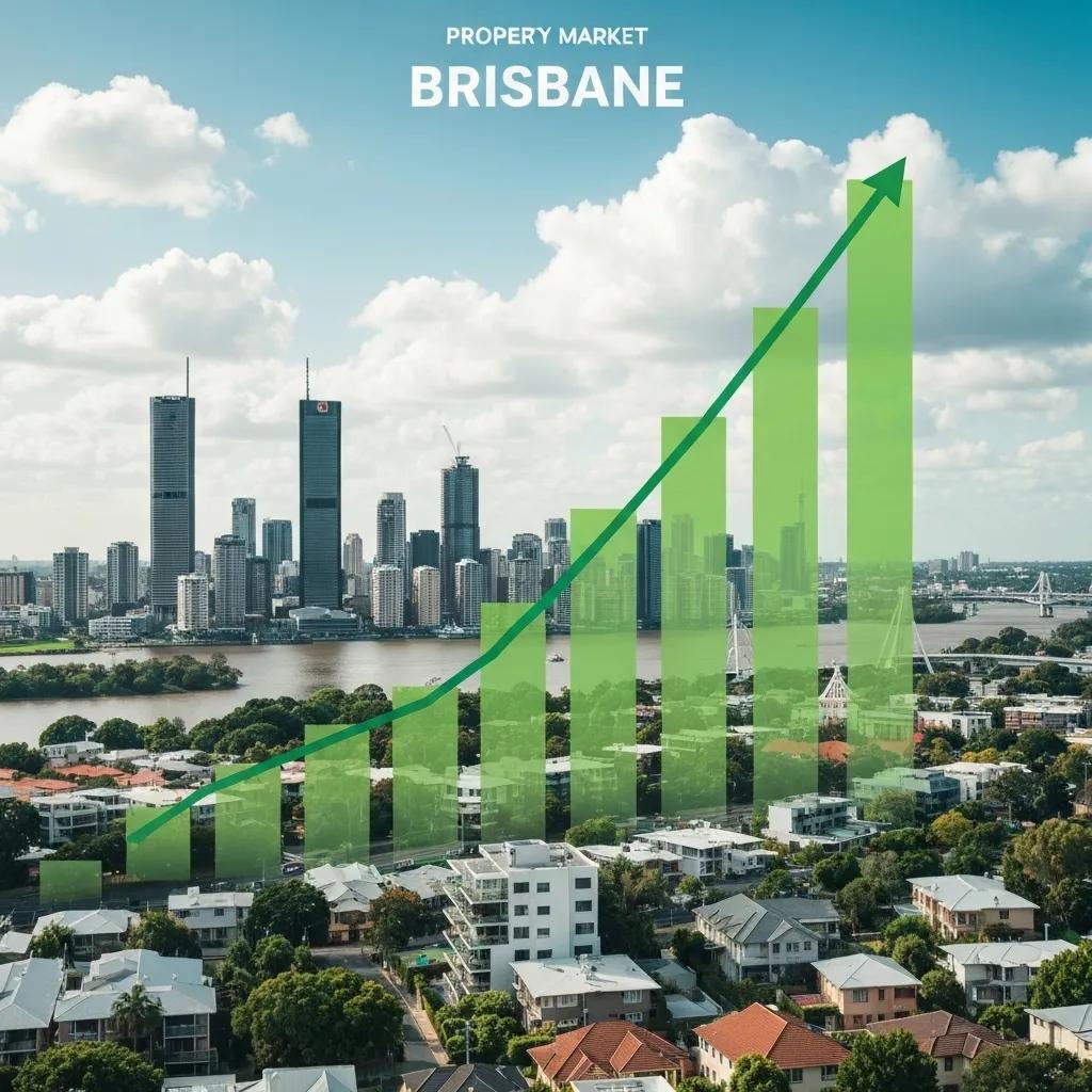 The Brisbane skyline overlaid with a graph illustrating property market trends and growth