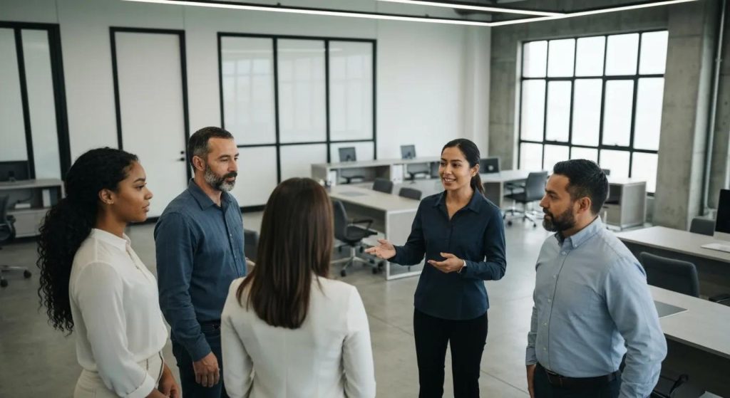 A diverse group of people discussing property options with a buyers agent in a modern office setting