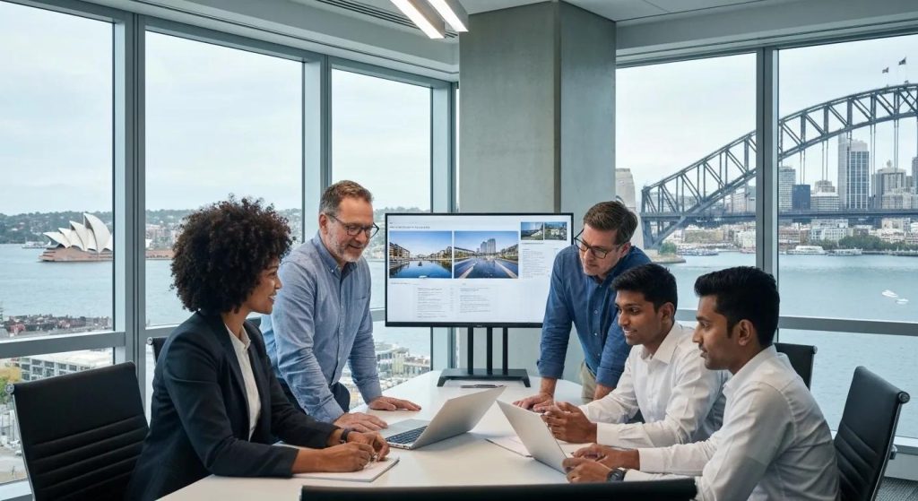 A diverse group of people in a modern Sydney office, looking at property options with the city skyline in the background.