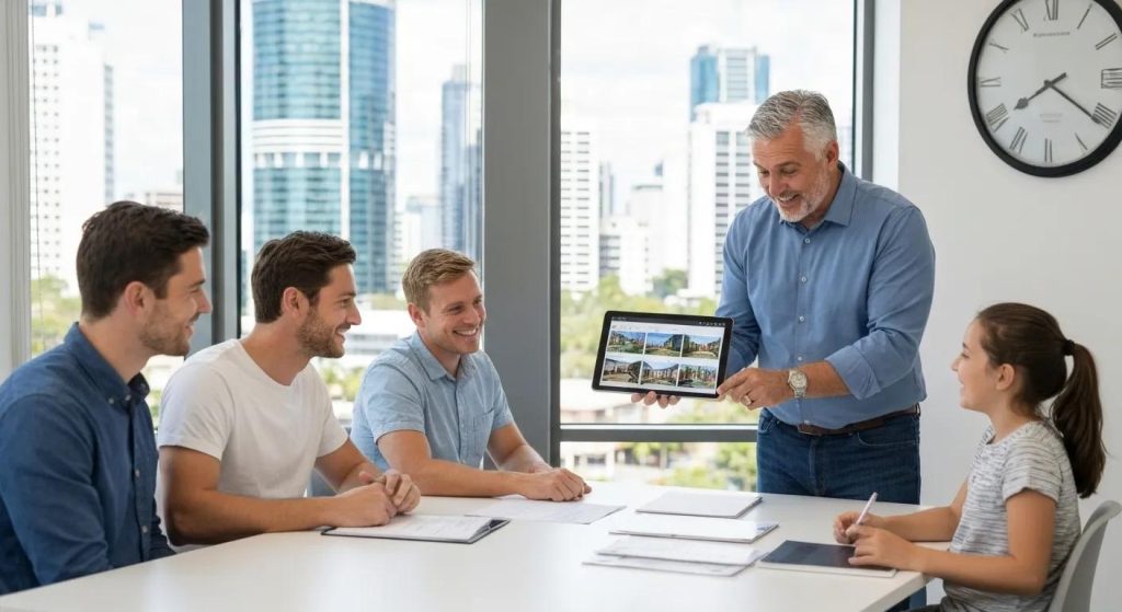 Buyers agent in Brisbane helping clients explore property options in a modern office setting