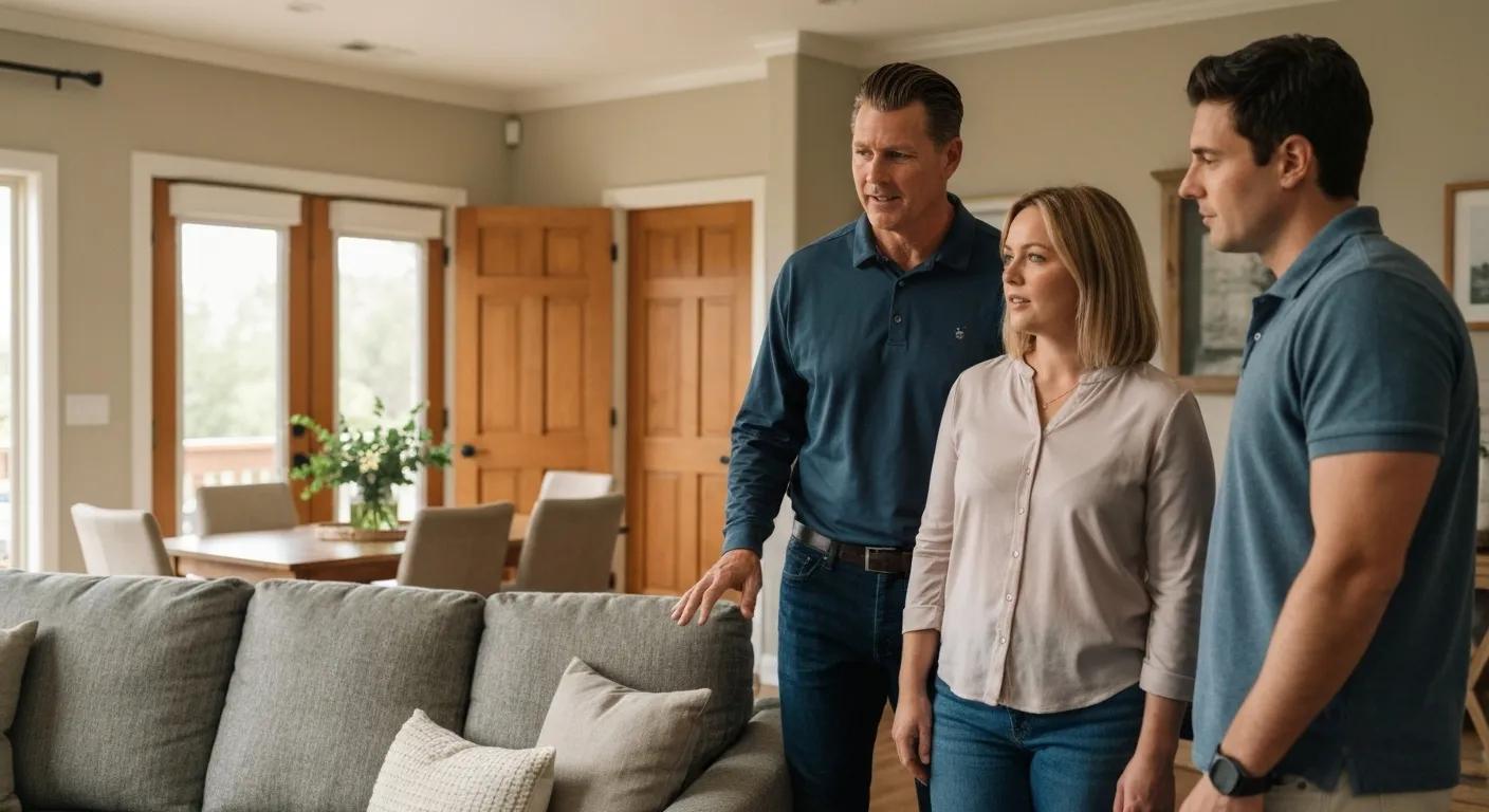 A professional buyers agent showing a couple a property within a welcoming home interior