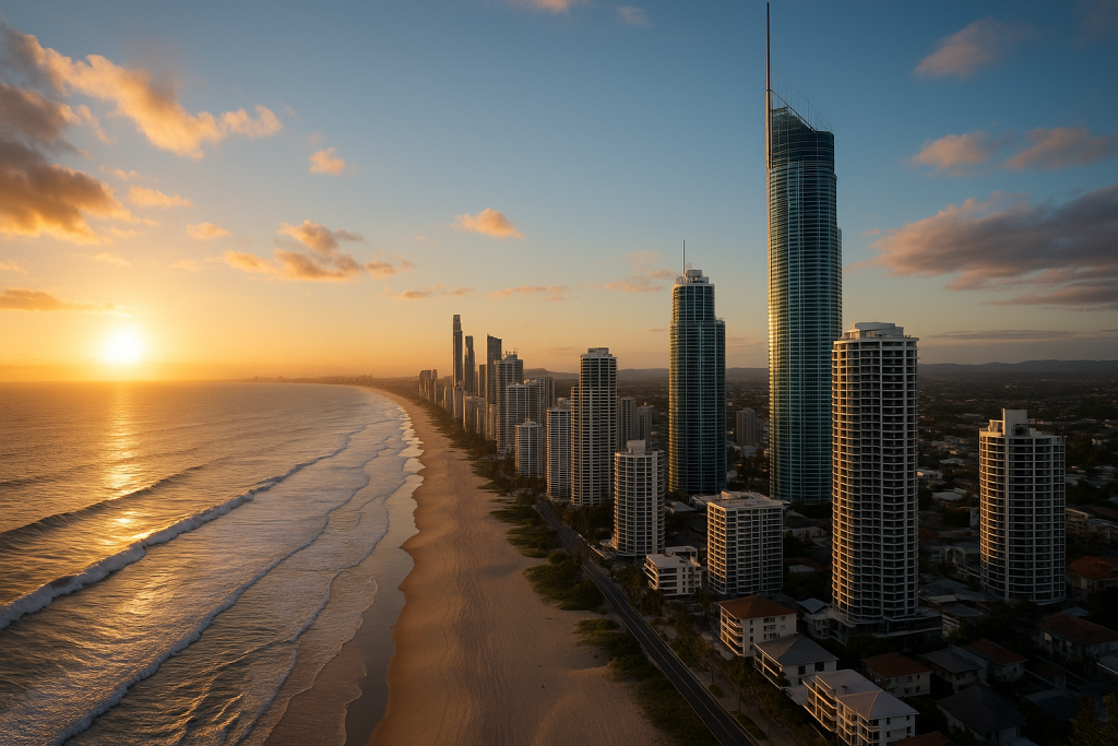 Gold Coast skyline at sunset with modern high-rise buildings along the beach, highlighting the region's appeal for property investment and lifestyle.