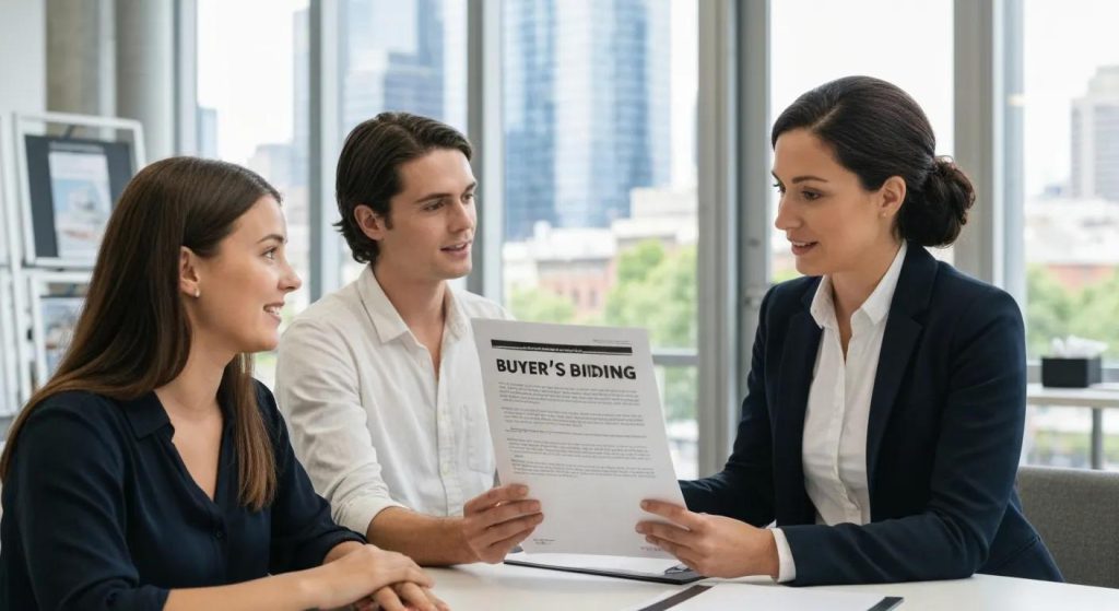 Melbourne property market scene with a buyers agent guiding clients through a competitive sale