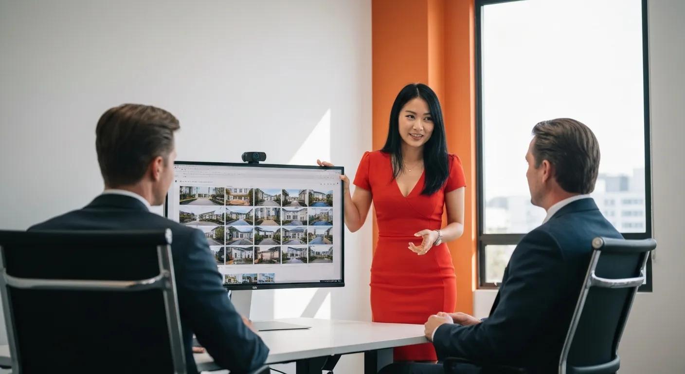 Buyers advocate reviewing property options with a client in a professional office