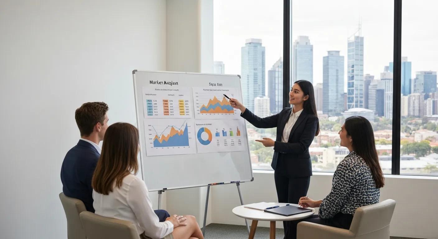 Real estate agent discussing market trends with clients — highlighting Sydney property analysis