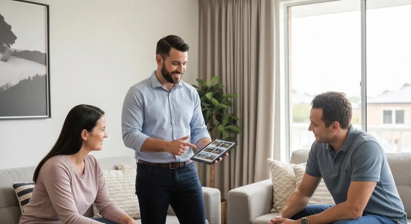 Buyers agent showing a curated property shortlist to clients in a living room — personalised service
