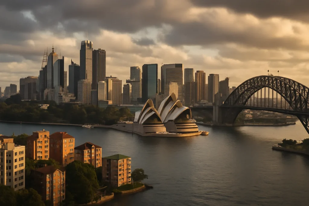 Sydney skyline featuring the iconic Sydney Opera House and Sydney Harbour Bridge at sunset, with modern skyscrapers and waterfront buildings.