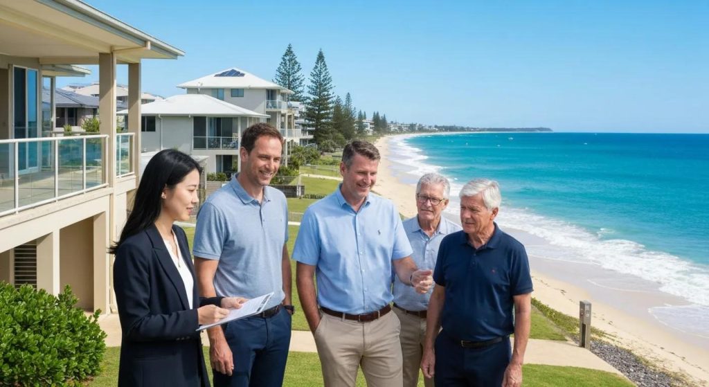 Group inspecting Gold Coast beachside properties — lifestyle and investment options