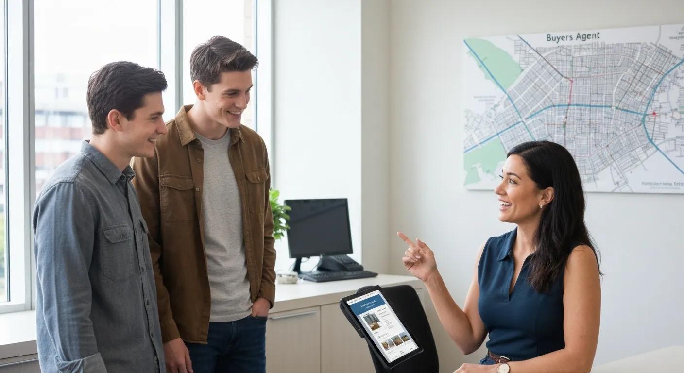 Buyers agent working with clients in a modern office to navigate the property market