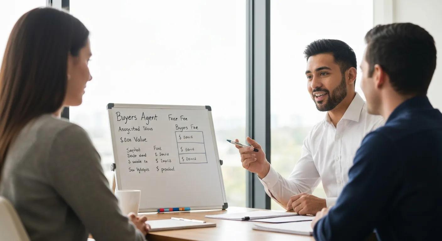 Buyers agent explaining fee options and value to a client in a meeting