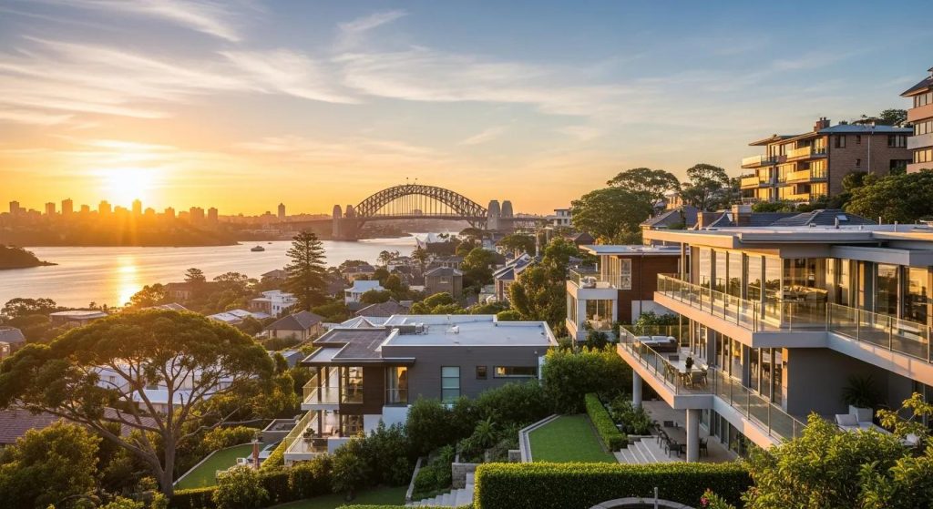 A dramatic, ultra-realistic widescreen image of Sydney’s coastal suburbs at sunrise, featuring modern homes overlooking the harbour, soft golden light illuminating the skyline, and the Sydney Harbour Bridge in the distance. Lush greenery, calm water reflections, and a premium, aspirational atmosphere representing expert property guidance. No text, no people.