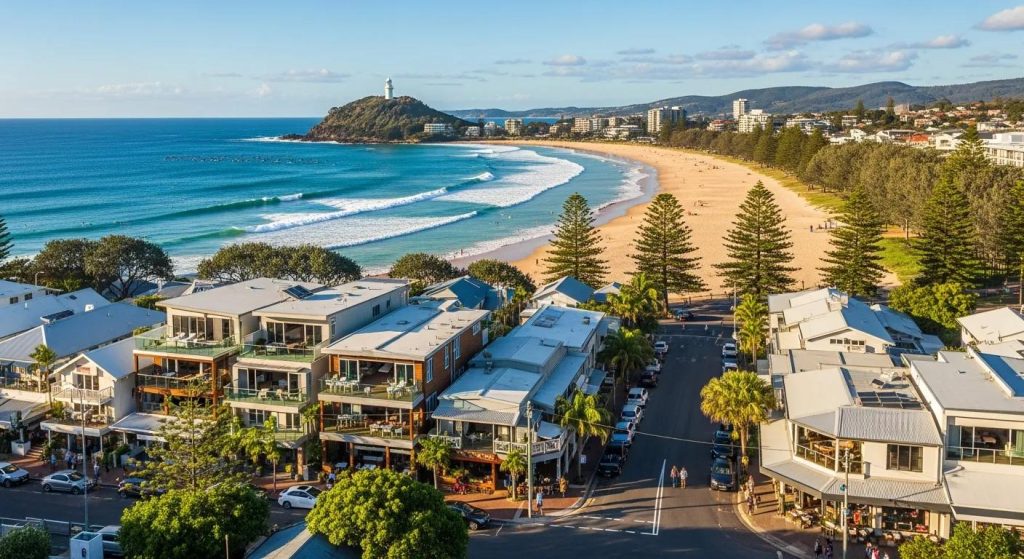 Byron Bay coastline and homes &mdash; beachside lifestyle and local streetscape